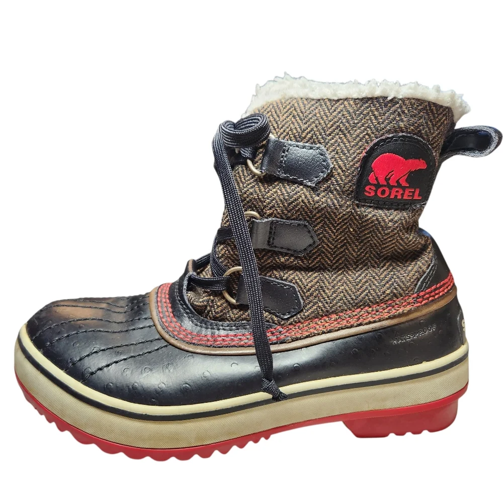 Sorel Tivoli II Herringbone Winter Snow Boot Insulated Black Fleece Duckboot 5.5